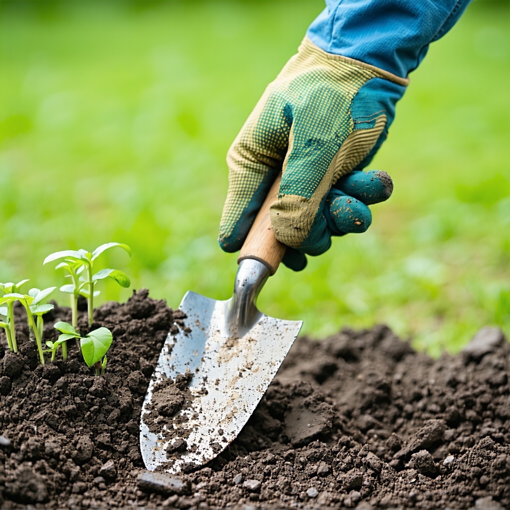a gloved gardeners hand holding a digging trowel-1
